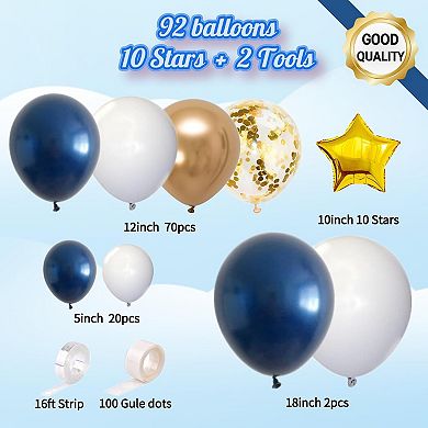 Navy Blue Balloon Garland White, Gold & Star Foils 96pcs for Nautical Party Decor & Events