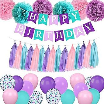 Purple, Teal & Pink Decor Kit Balloons With Pompoms, Tassels & Birthday Banner Decorations