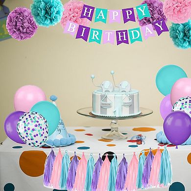 Purple, Teal & Pink Decor Kit Balloons With Pompoms, Tassels & Birthday Banner Decorations