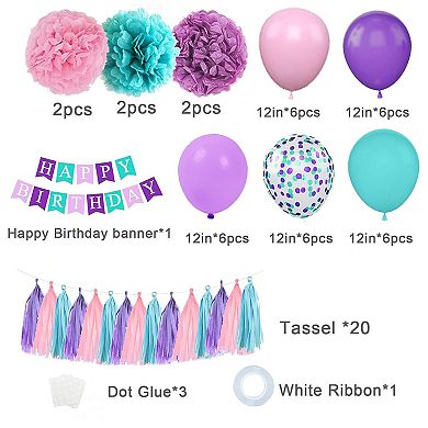 Purple, Teal & Pink Decor Kit Balloons With Pompoms, Tassels & Birthday Banner Decorations