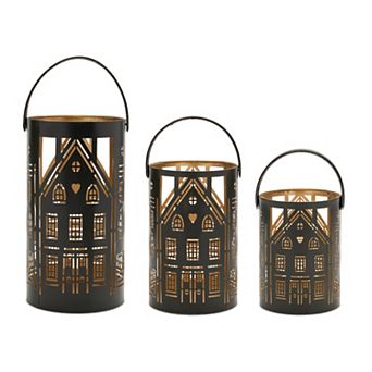 Melrose 3 pc Punched Metal House Lantern Outdoor Decor Set