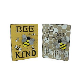 Set of 2 Bee Happy Bee Kind Honeybee Wall Hanging Signs Motivational Home Decor