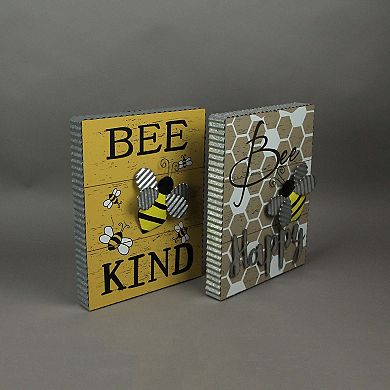 Set of 2 Bee Happy Bee Kind Honeybee Wall Hanging Signs Motivational Home Decor