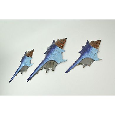 Set of 3 Blue Metal Seashell Decorations Wall Hanging Sculpture Beach Home Decor