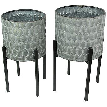 Set of 2 Galvanized Zinc Finish Leaf Pattern Metal Planters With Wooden Stands