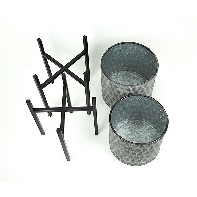 Set of 2 Galvanized Zinc Finish Leaf Pattern Metal Planters With Wooden Stands