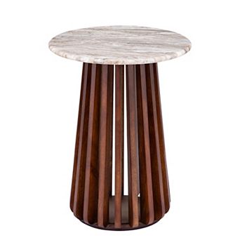 Belle Maison Round Marble Top Accent Table with Slatted Wooden Base