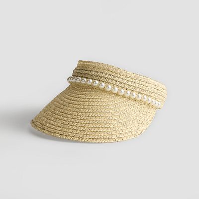 Macy\'s Beige Straw Visor with Pearl Trim and BRIDE Embellishment Sun Visor With Pearls - Etsy main image 3