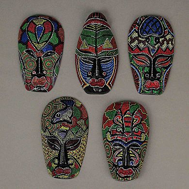 Set of 10 Hand-Carved Tropical Dot Painted Masks, 6 Inch Wall Decor