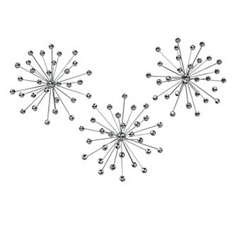 3 Silver Starburst Jeweled Metal Decorative Wall Art Hanging Rhinestone Crystal