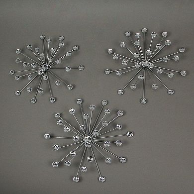3 Silver Starburst Jeweled Metal Decorative Wall Art Hanging Rhinestone Crystal