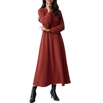 Women's Long Sleeve Pleated Maxi Dress with Fitted Bodice and Flowing Skirt