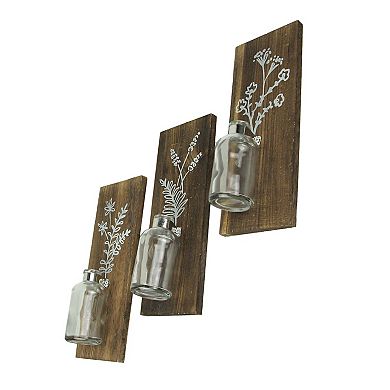 Set of 3 Wood Framed Glass Bottle Wall Vases Bohemian Style Boho Decor