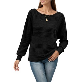 Women's Long Sleeve Striped Knit Sweater with Boat Neckline and Relaxed Fit