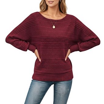 Women's Long Sleeve Striped Knit Sweater with Boat Neckline and Relaxed Fit