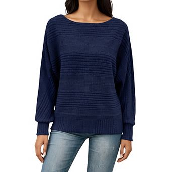 Women's Long Sleeve Striped Knit Sweater with Boat Neckline and Relaxed Fit