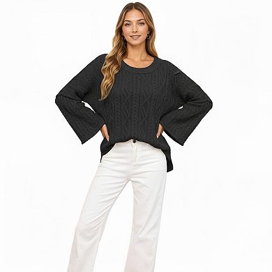Women's Long Sleeve Cable Knit Pullover Sweater with Relaxed Fit and Wide Cuff Sleeves