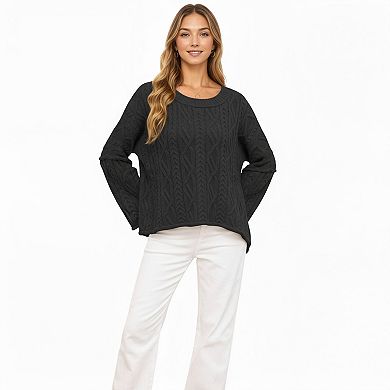 Women's Long Sleeve Cable Knit Pullover Sweater with Relaxed Fit and Wide Cuff Sleeves