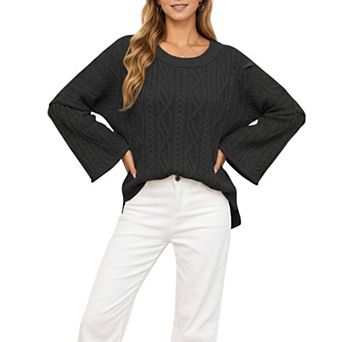 Women's Long Sleeve Cable Knit Pullover Sweater with Relaxed Fit and Wide Cuff Sleeves