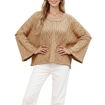 Women's Long Sleeve Cable Knit Pullover Sweater with Relaxed Fit and Wide Cuff Sleeves