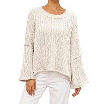Women's Long Sleeve Cable Knit Pullover Sweater with Relaxed Fit and Wide Cuff Sleeves