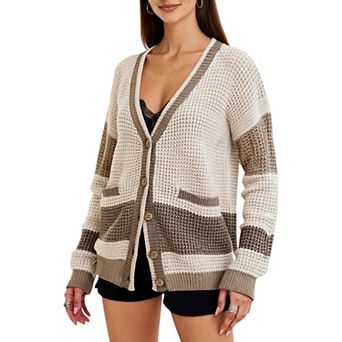 Women's Long Sleeve Button Front Striped Knit Cardigan with Pockets and Relaxed Fit