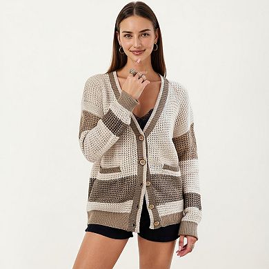Women's Long Sleeve Button Front Striped Knit Cardigan with Pockets and Relaxed Fit