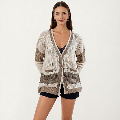 Women's Long Sleeve Button Front Striped Knit Cardigan with Pockets and Relaxed Fit