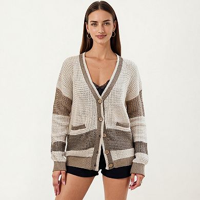 Women's Long Sleeve Button Front Striped Knit Cardigan with Pockets and Relaxed Fit