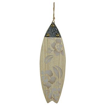16 Inch Carved Wood & Metal Flower Surfboard Wall Hanging Beach Home Decor Art