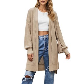 Women's Long Sleeve Open Front Knit Cardigan with Relaxed Fit and Textured Detailing