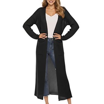 Women's Open Front Long Knit Cardigan with Pockets and Ribbed Trim