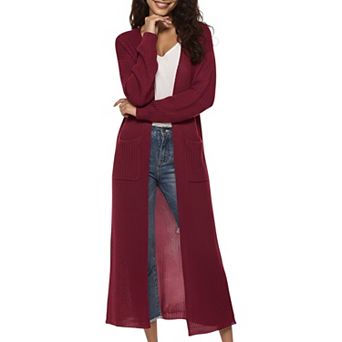 Women's Open Front Long Knit Cardigan with Pockets and Ribbed Trim