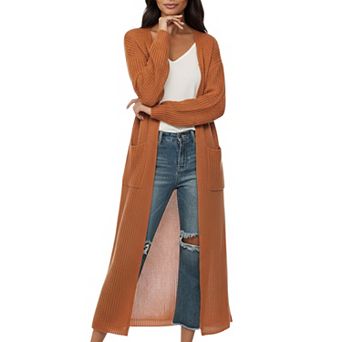 Women's Open Front Long Knit Cardigan with Pockets and Ribbed Trim