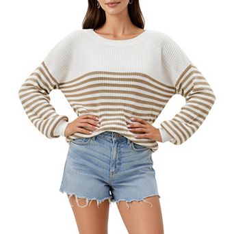 Women's Long Sleeve Striped Knit Pullover Sweater with Relaxed Fit and Ribbed Hem