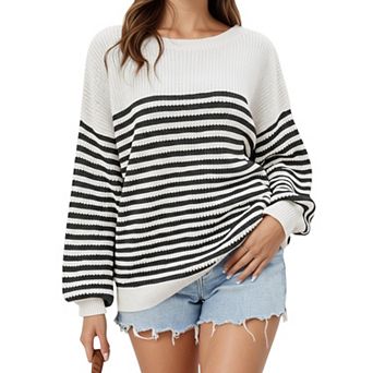 Women's Long Sleeve Striped Knit Pullover Sweater with Relaxed Fit and Ribbed Hem