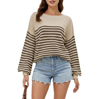 Women's Long Sleeve Striped Knit Pullover Sweater with Relaxed Fit and Ribbed Hem