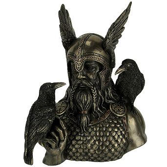 Norse God Odin in Winged Helm with Ravens Statue