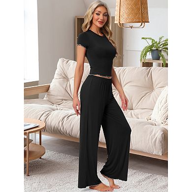 2 Sets Women's Pajama Sets Short Sleeve Top Ruffled Long Wide Leg Pants 2 Piece Outfits Lounge Sets