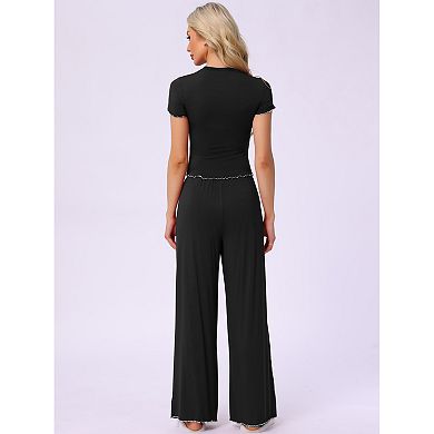 2 Sets Women's Pajama Sets Short Sleeve Top Ruffled Long Wide Leg Pants 2 Piece Outfits Lounge Sets