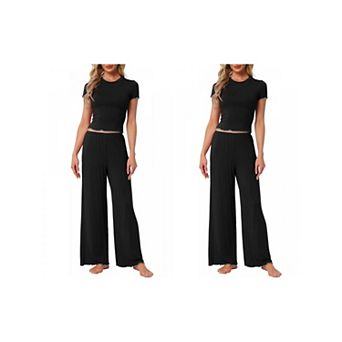 2 Sets Women's Pajama Sets Short Sleeve Top Ruffled Long Wide Leg Pants 2 pc Outfits Lounge Sets