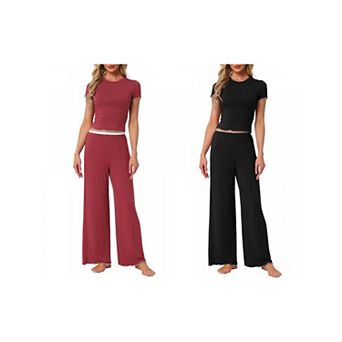 2 Sets Women's Pajama Sets Short Sleeve Top Ruffled Long Wide Leg Pants 2 pc Outfits Lounge Sets