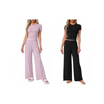 2 Sets Women's Pajama Sets Short Sleeve Top Ruffled Long Wide Leg Pants 2 pc Outfits Lounge Sets