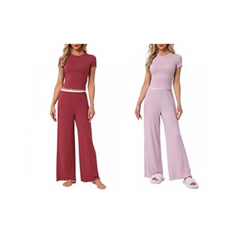 2 Sets Women's Pajama Sets Short Sleeve Top Ruffled Long Wide Leg Pants 2 pc Outfits Lounge Sets