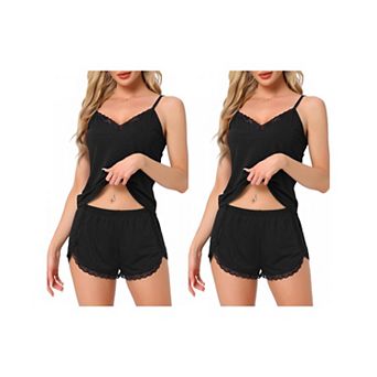 2 Sets Women's Pajama Sets Sleeveless Nightwear Ribbed Knit Lace Trim V Neck Cami Top with Shorts