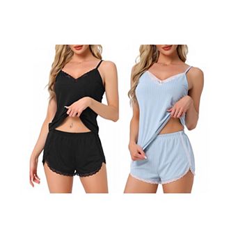 2 Sets Women's Pajama Sets Sleeveless Nightwear Ribbed Knit Lace Trim V Neck Cami Top with Shorts