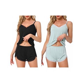 2 Sets Women's Pajama Sets Sleeveless Nightwear Ribbed Knit Lace Trim V Neck Cami Top with Shorts