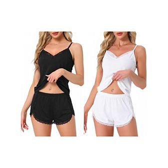 2 Sets Women's Pajama Sets Sleeveless Nightwear Ribbed Knit Lace Trim V Neck Cami Top with Shorts