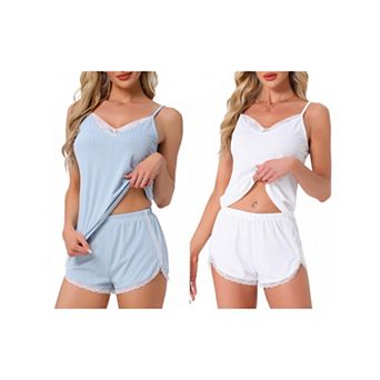 2 Sets Women's Pajama Sets Sleeveless Nightwear Ribbed Knit Lace Trim V Neck Cami Top with Shorts