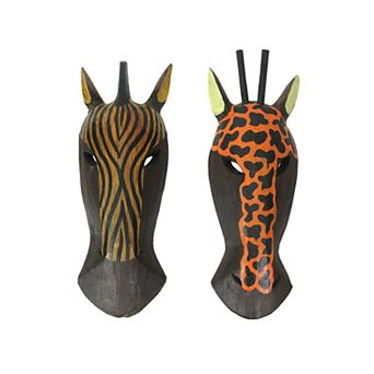 Set of 2 Zebra and Giraffe Mask Wall Hangings Safari Decor, 12 in High